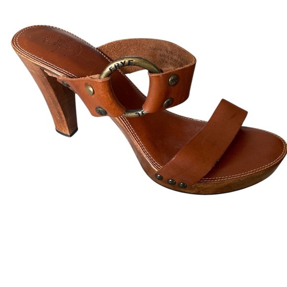 Frye Sophia Ring Slip On Wooden High Heel Leather Sandals Brown US 8 M - Picture 4 of 14